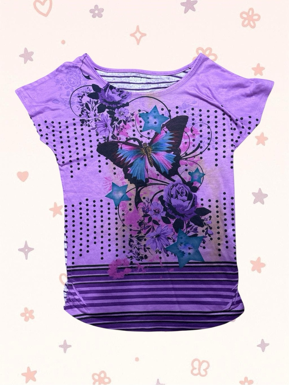 Route 66 Y2K Purple Butterfly Floral Polka Dot Top Fits Women XS/S